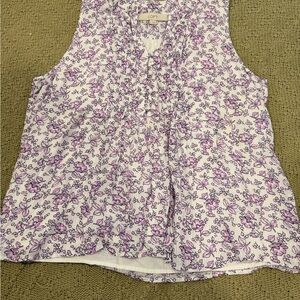 LOFT White and Purple Floral Ruffle V-Neck Sleeveless Top
